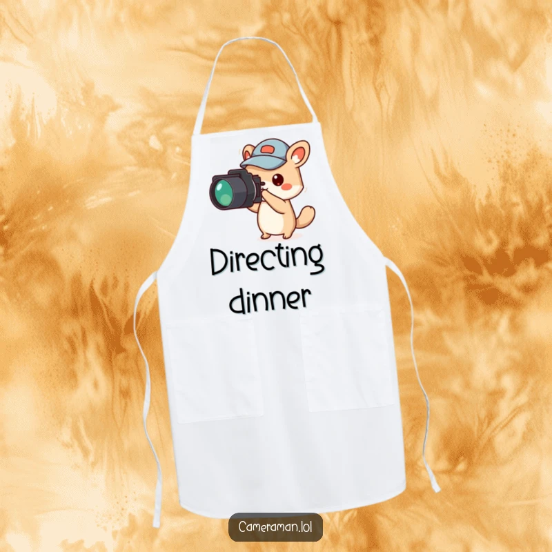Funny animal character in a jaunty cap, pointing a camera off-screen on an apron, ready for action.