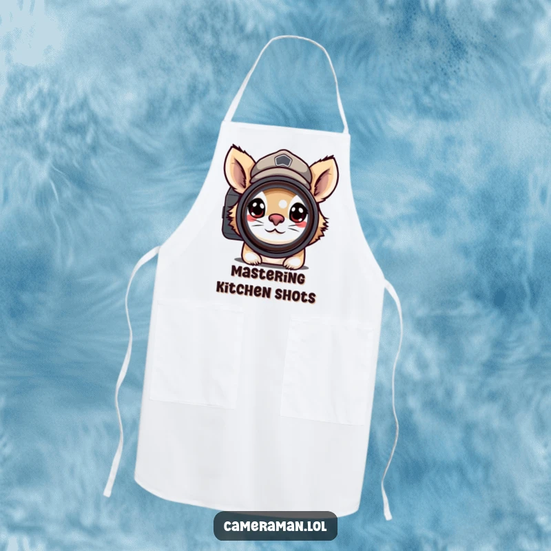 Funny apron showing a determined animal in a peaked cap, peering through a camera lens with focus, for kitchen precision.