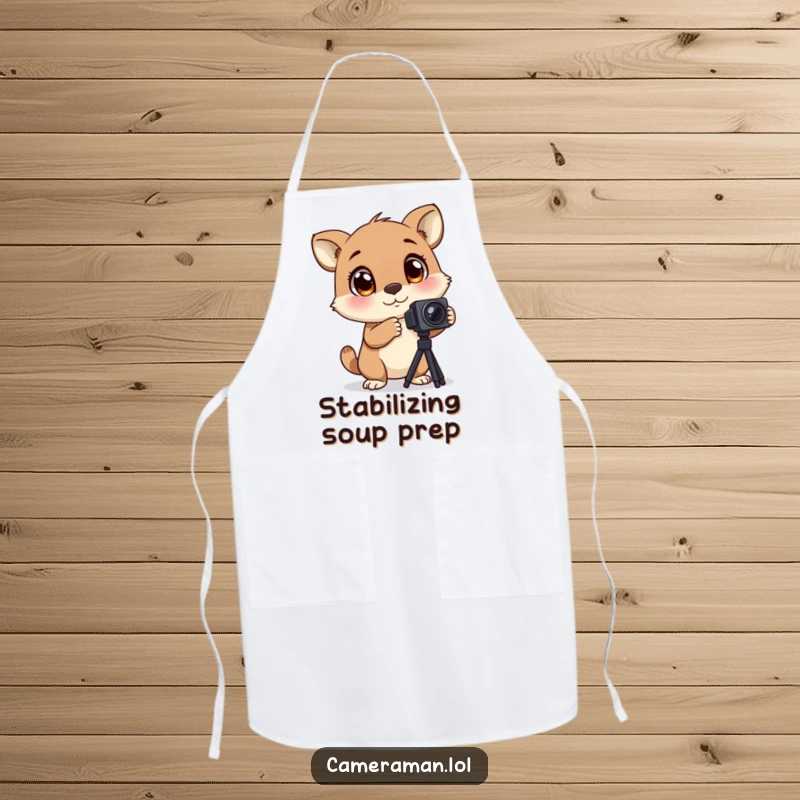 Funny apron showing an animal with large, blinking eyes, excitedly adjusting a camera tripod, ready for kitchen creations.