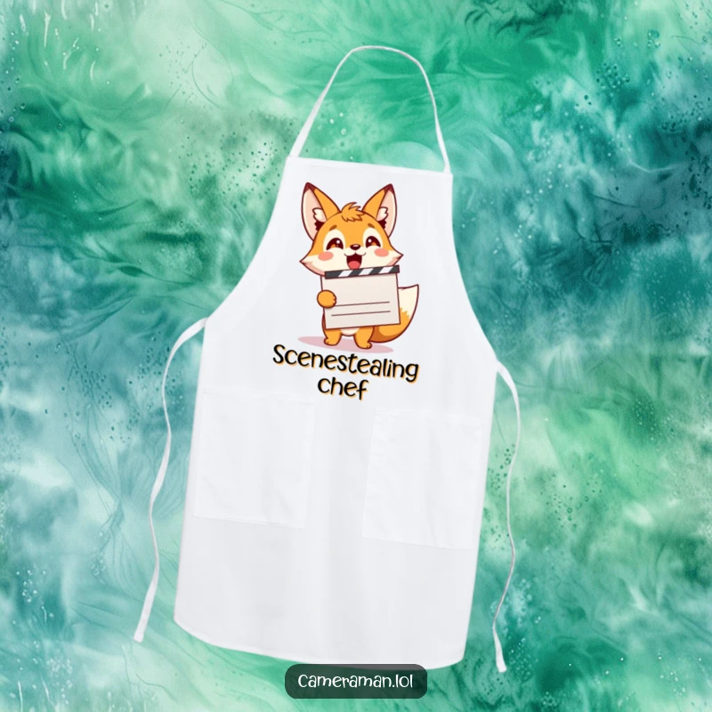 Funny, excited fox sprite holding a movie clapperboard, ready for action in the kitchen, on an apron.