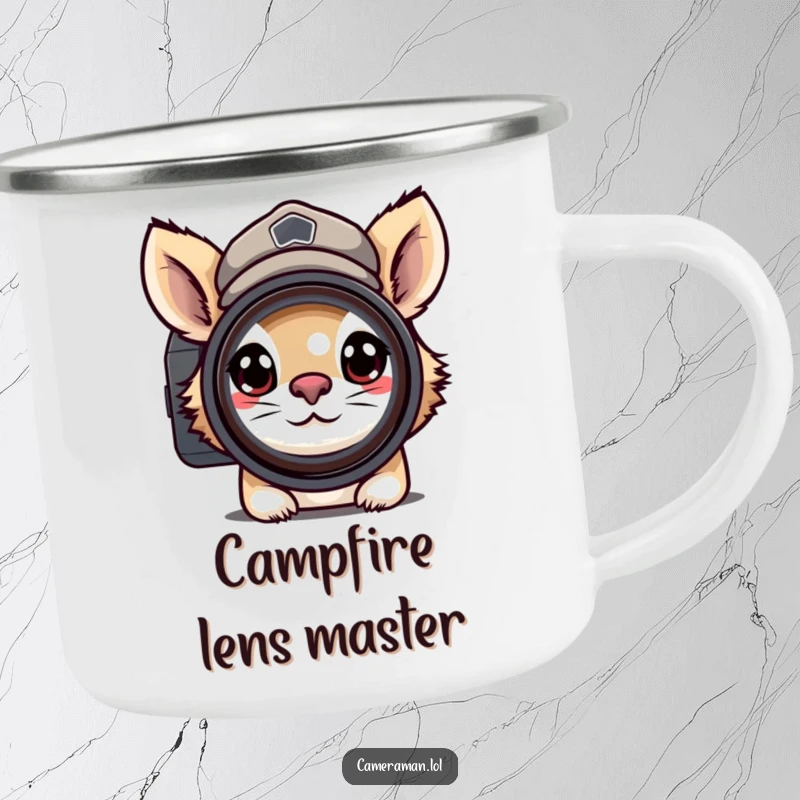 Funny camping mug with a determined animal wearing a peaked cap, peering through a camera lens with focus, for outdoor adventures.