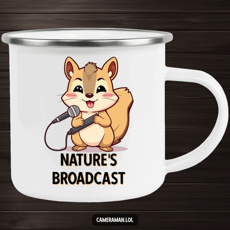 Funny, cheerful squirrel holding a microphone boom on a rugged camping mug.