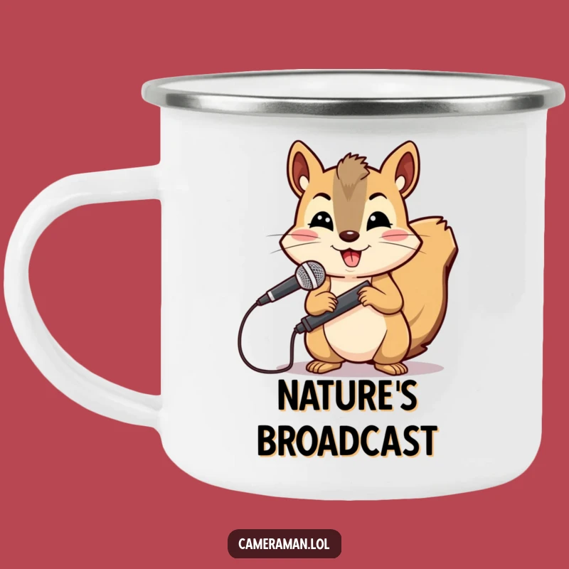 Funny Squirrel Reporter Camping Mug: Cheerful Boom Operator for Trailside Audio Capture