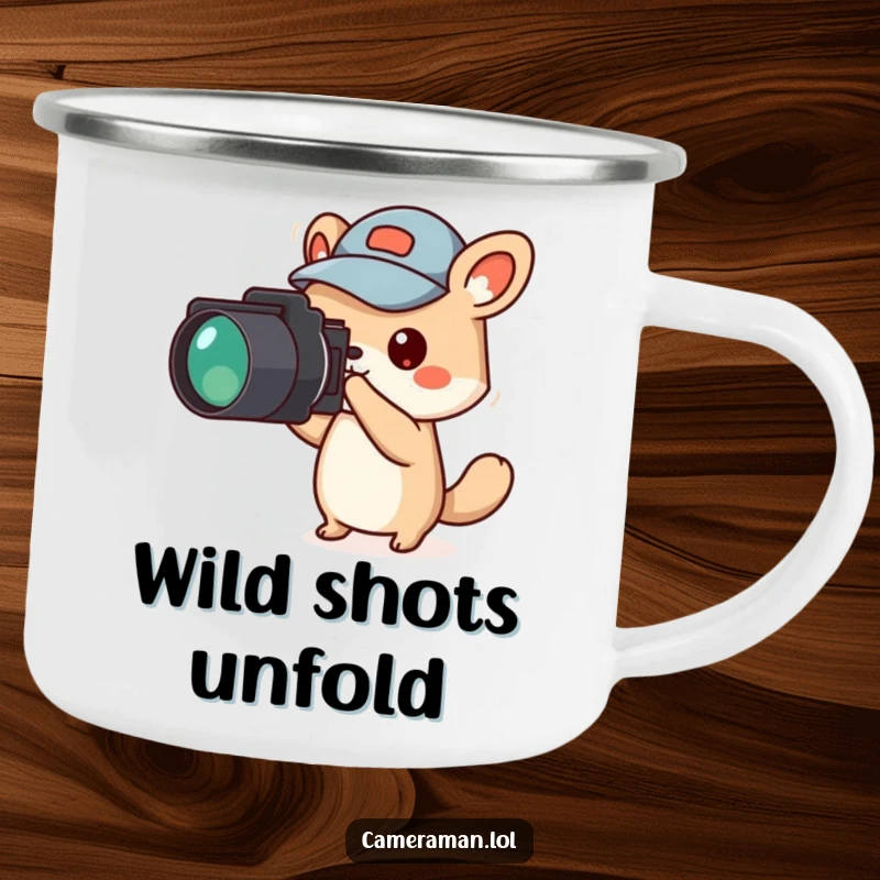 Funny animal character in a jaunty cap, camera aimed off-screen, on a rugged camping mug.