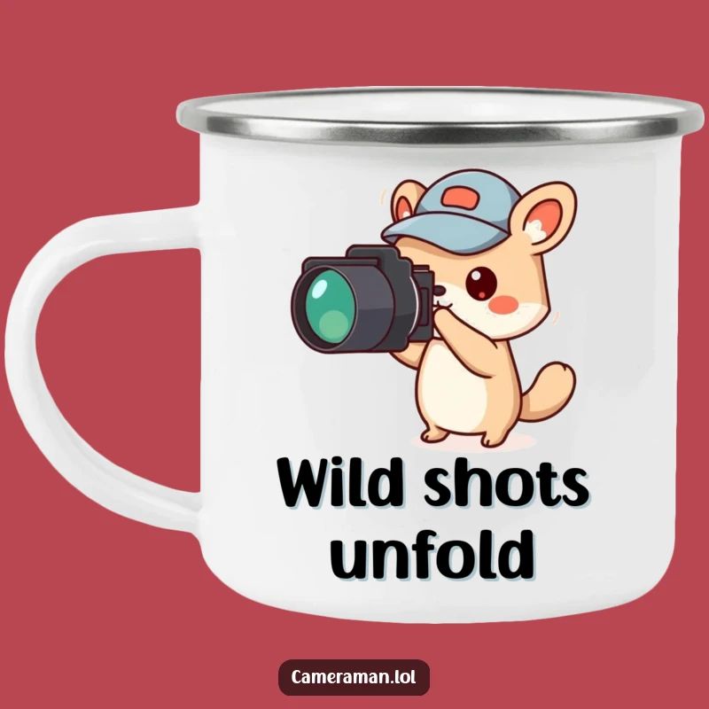 Funny Animal Reporter Camping Mug: Jaunty Cap Points Camera for Trailside Storytelling