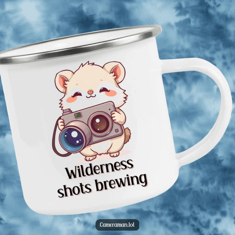 Funny camping mug with a small, fluffy animal holding a large, vintage camera, perfect for outdoor adventures and humor.