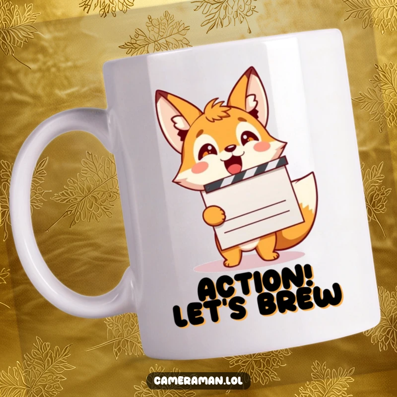 Funny fox sprite excitedly holding a movie clapperboard, ready to film, perfect for a film lover's mug.