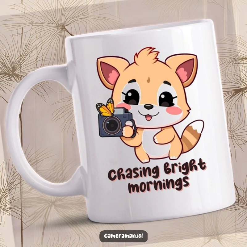 Funny mug showing a happy, playful animal pointing a camera at a colorful butterfly, capturing a moment of pure joy.