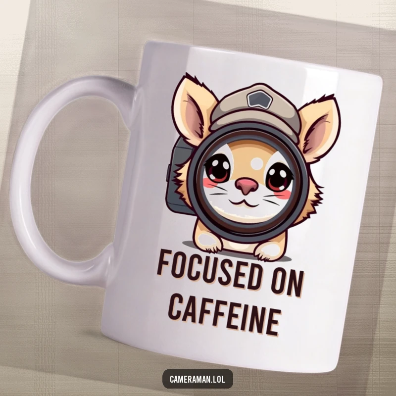 Funny mug featuring a determined animal in a peaked cap, intensely peering through a camera lens with a serious focus.