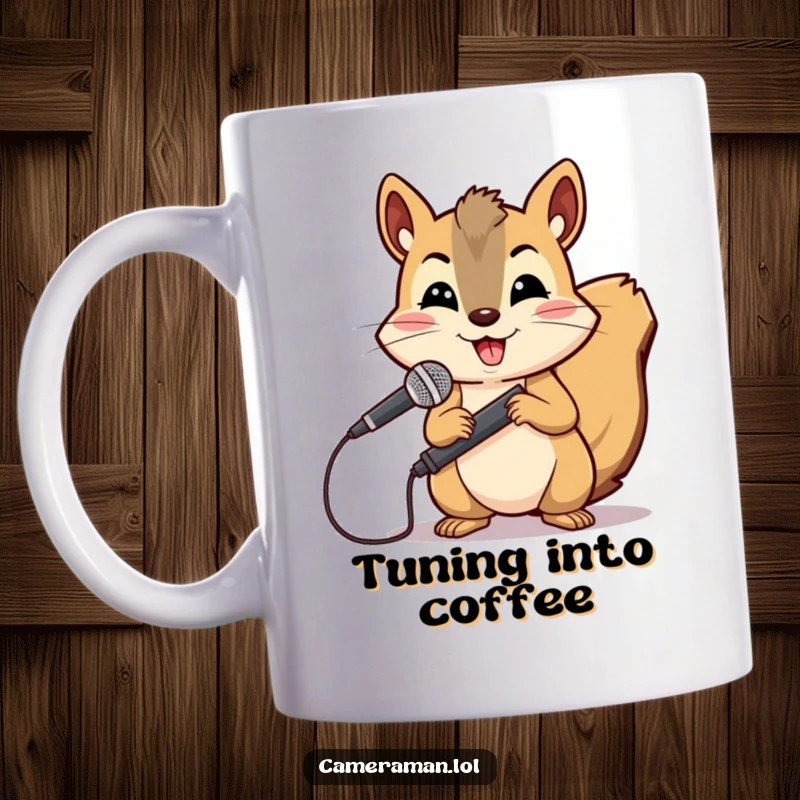 Funny, cheerful squirrel holding a microphone boom with a determined expression, ready to record on a mug.