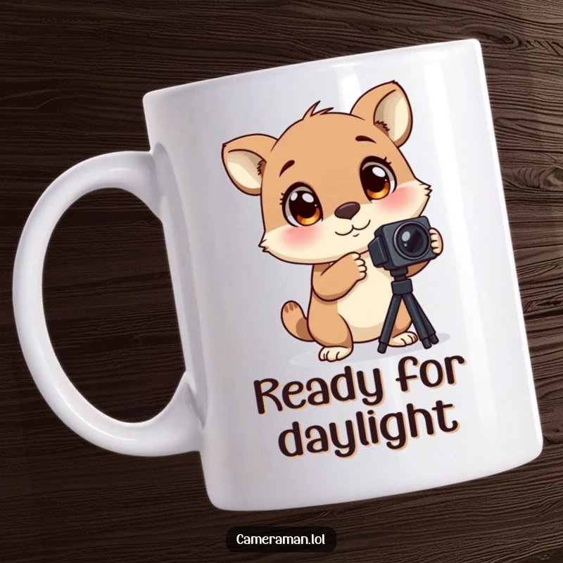 Funny mug showing an animal with large, blinking eyes excitedly adjusting a camera tripod, ready for a great shot.