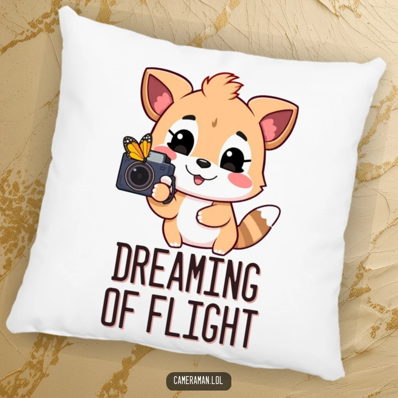 Funny pillow with a plush, playful, happy animal pointing a camera at a colorful butterfly, perfect for cozy, humorous decor.