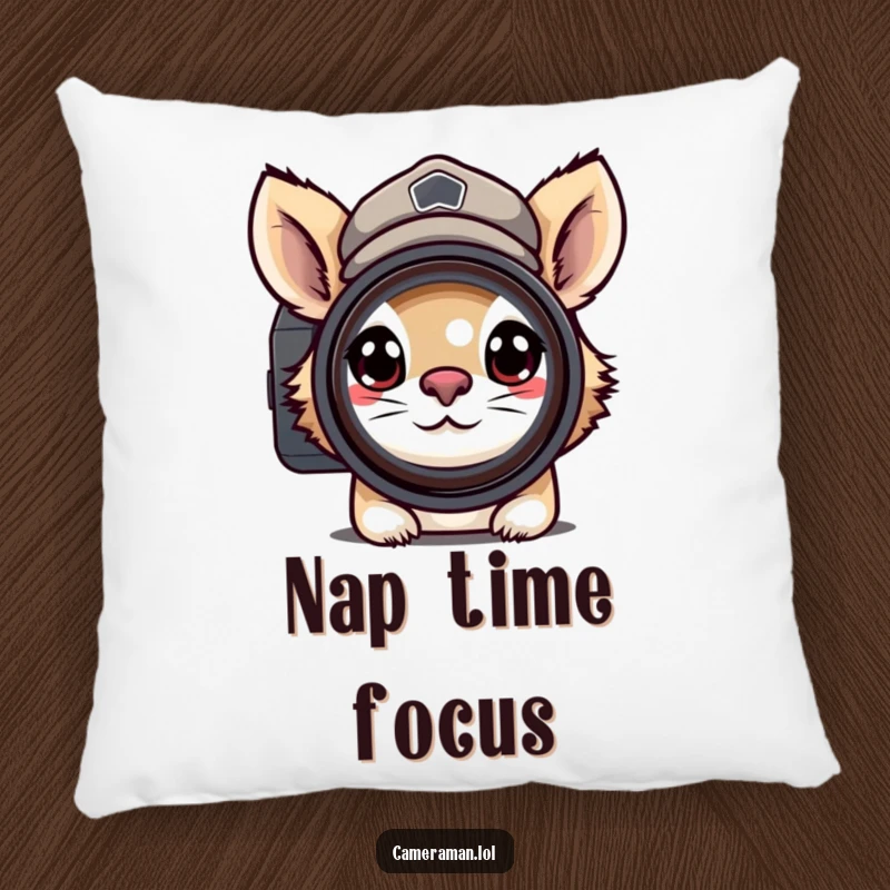 Funny pillow with a plush, determined animal wearing a peaked cap, peering through a camera lens with intense focus, for cozy humor.