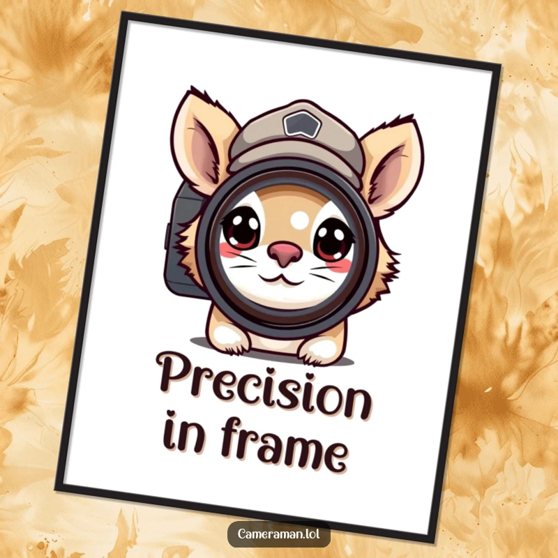 Funny digital art print of a determined animal in a peaked cap, peering through a camera lens with focus, for dedicated decor.