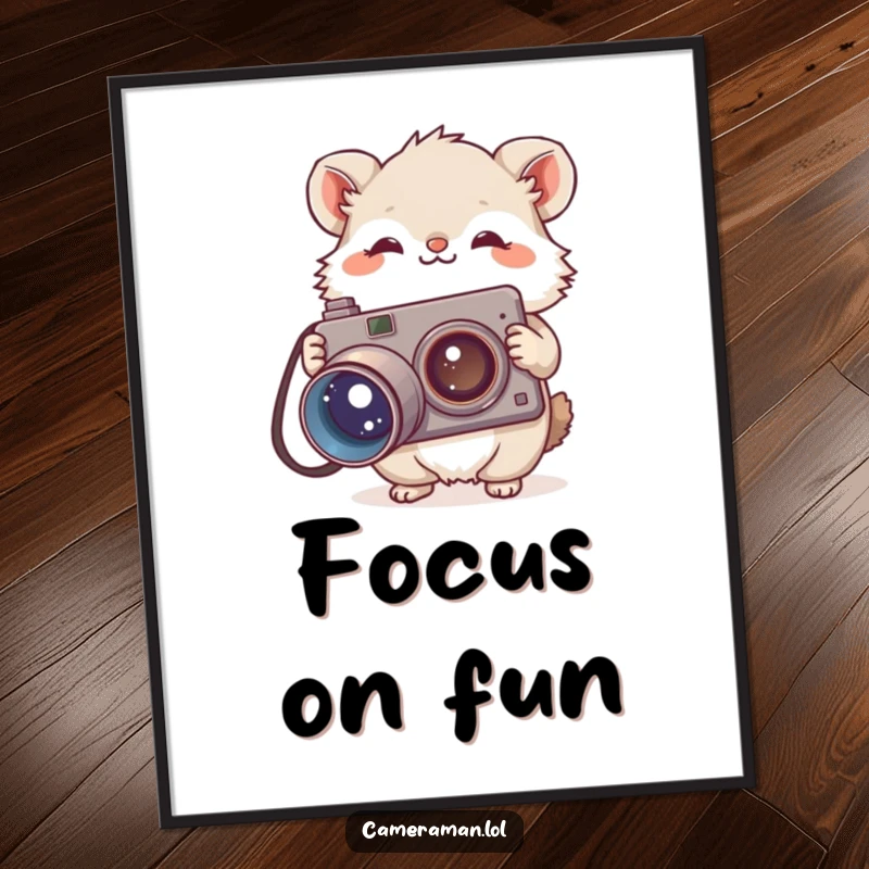 Funny digital art print of a small, fluffy animal holding a large, vintage camera with a curious tilt, for humorous wall decor.