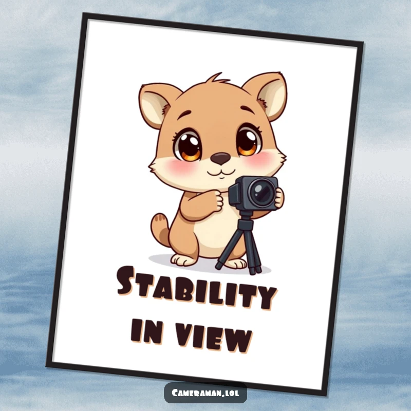 Funny digital art print of an animal with large, blinking eyes, excitedly adjusting a camera tripod, for energetic wall decor.