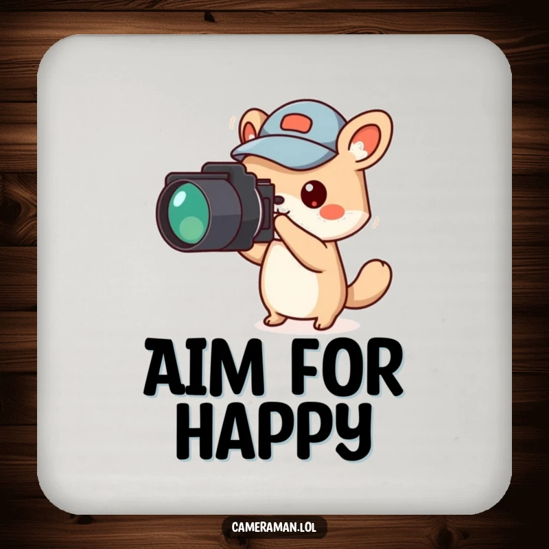 Funny animal character in a jaunty cap, pointing a camera off-screen, on a drink coaster.