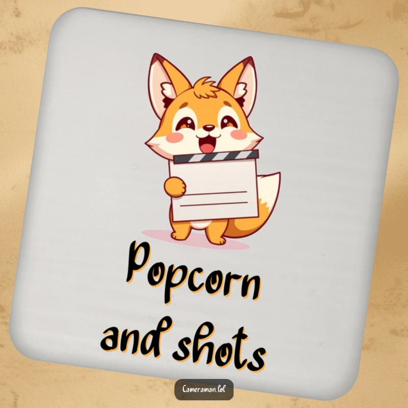 Funny, energetic fox sprite with a movie clapperboard, protecting surfaces on a drink coaster.