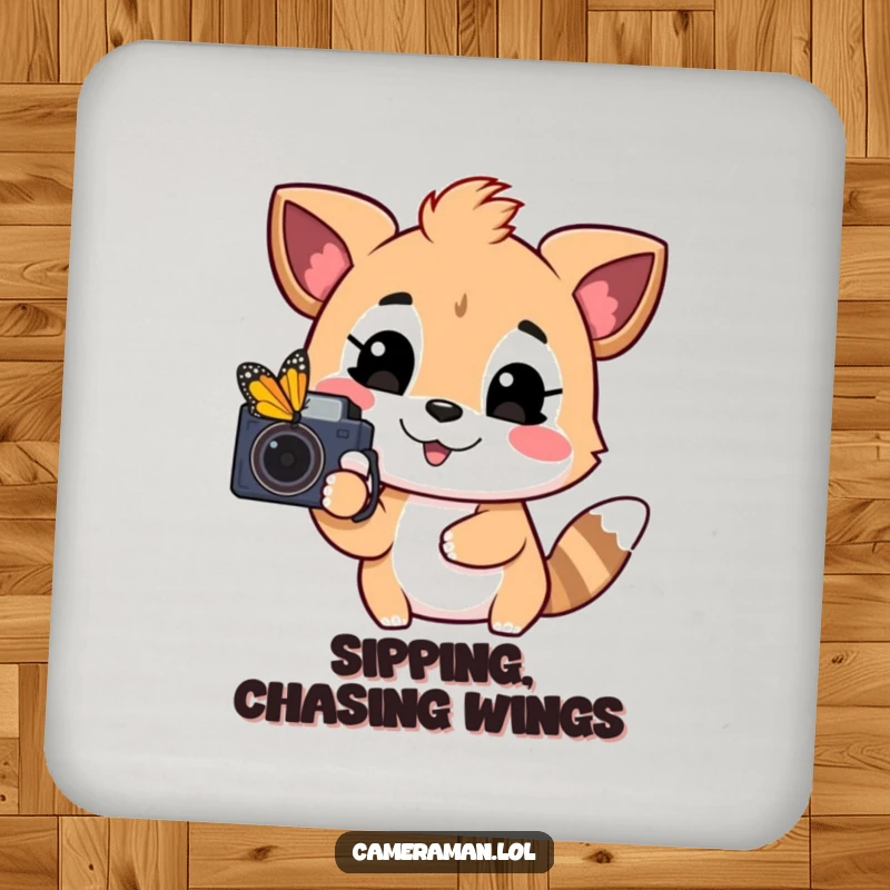 Funny drink coaster displaying a playful, happy animal pointing a camera at a colorful butterfly, offering humorous surface protection.