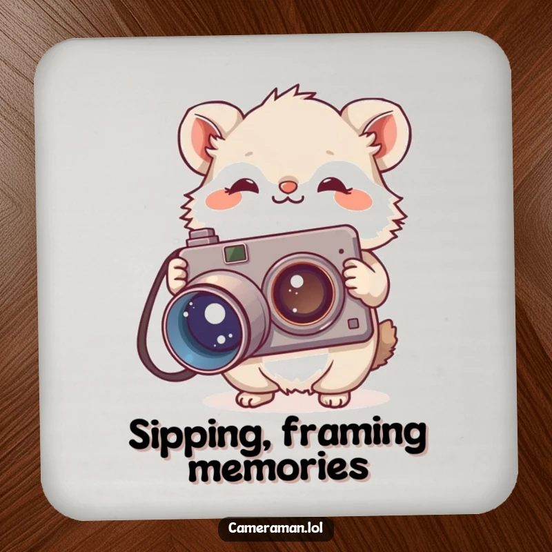 Funny drink coaster displaying a small, fluffy animal holding a large, vintage camera with a curious tilt, protecting surfaces humorously.