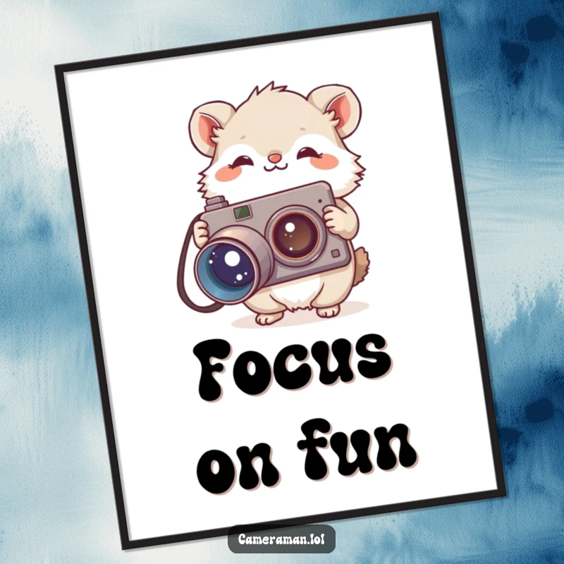 Funny poster of a small, fluffy animal holding a large, vintage camera with a curious tilt, adding humor to any wall.