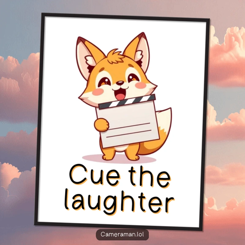 Funny, excited fox sprite with a movie clapperboard, perfect for a cinematic and funny poster.