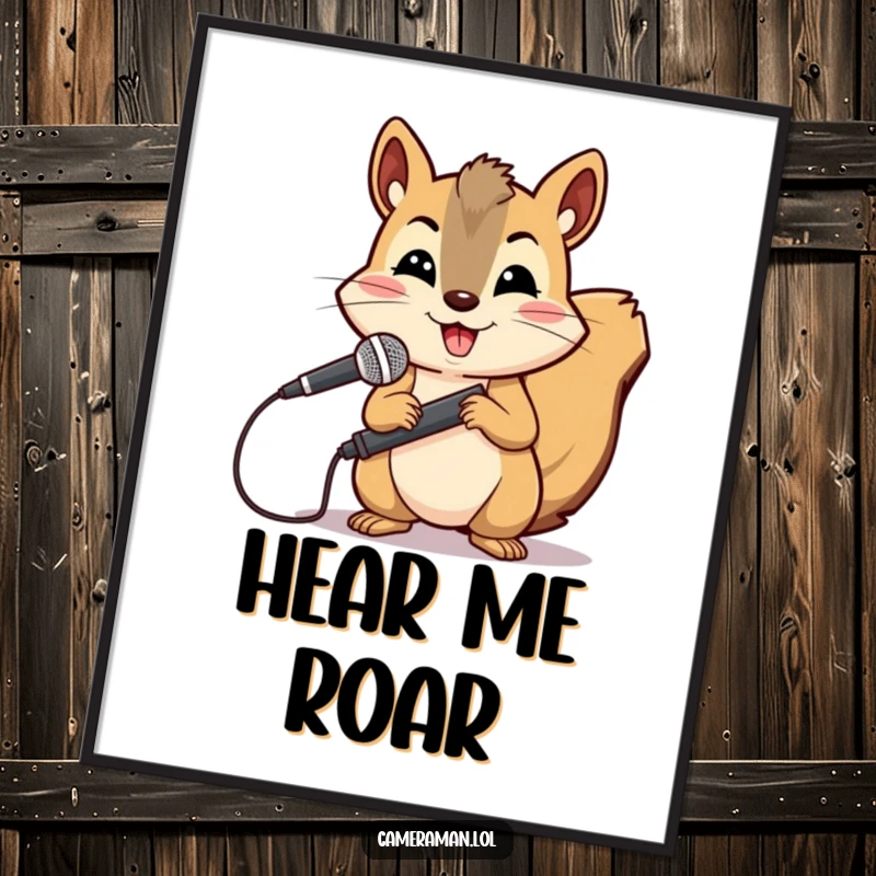 Funny, cheerful squirrel holding a microphone boom with a determined expression, perfect for a funny poster.