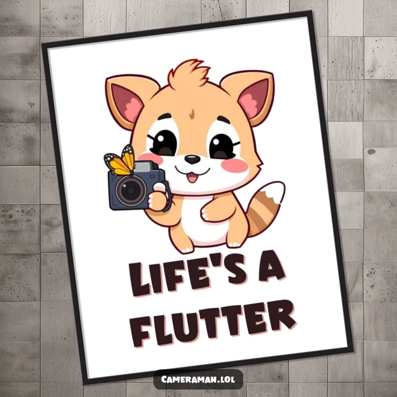 Funny poster of a playful, happy animal pointing a camera towards a distant, colorful butterfly, celebrating the joy of nature.