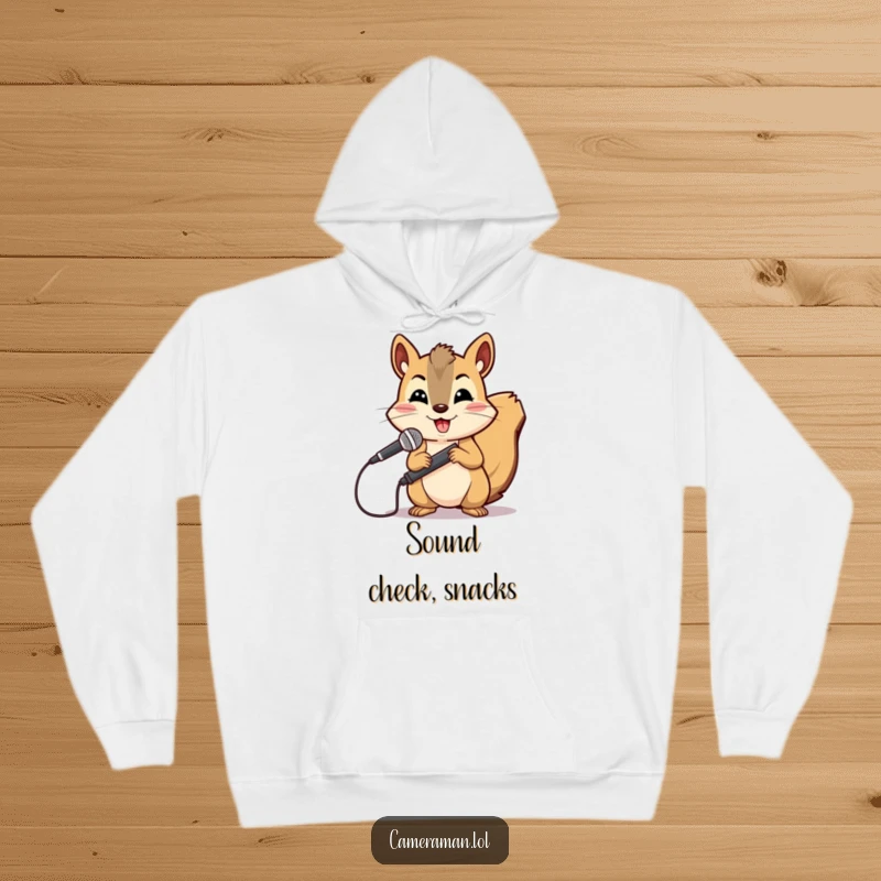 Funny, cheerful squirrel focused on holding a microphone boom, depicted on a warm hoodie.