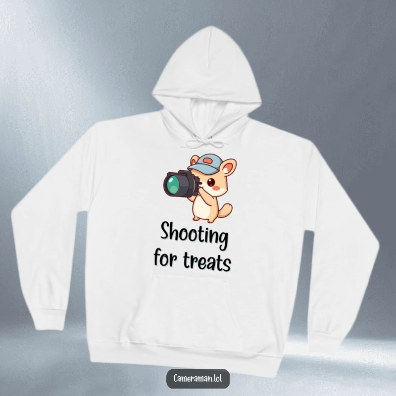 Funny animal character in a jaunty cap, camera aimed off-screen, depicted on a warm hoodie.