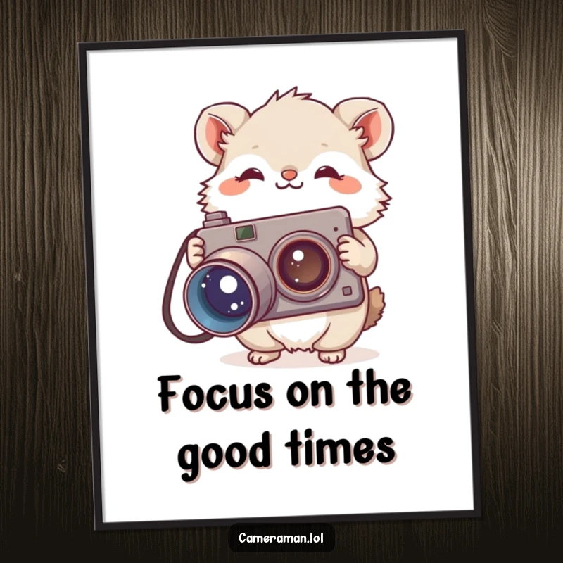 Funny Free Printable Wall Art: Fluffy animal with a large vintage camera, looking curious, perfect for photo lovers.
