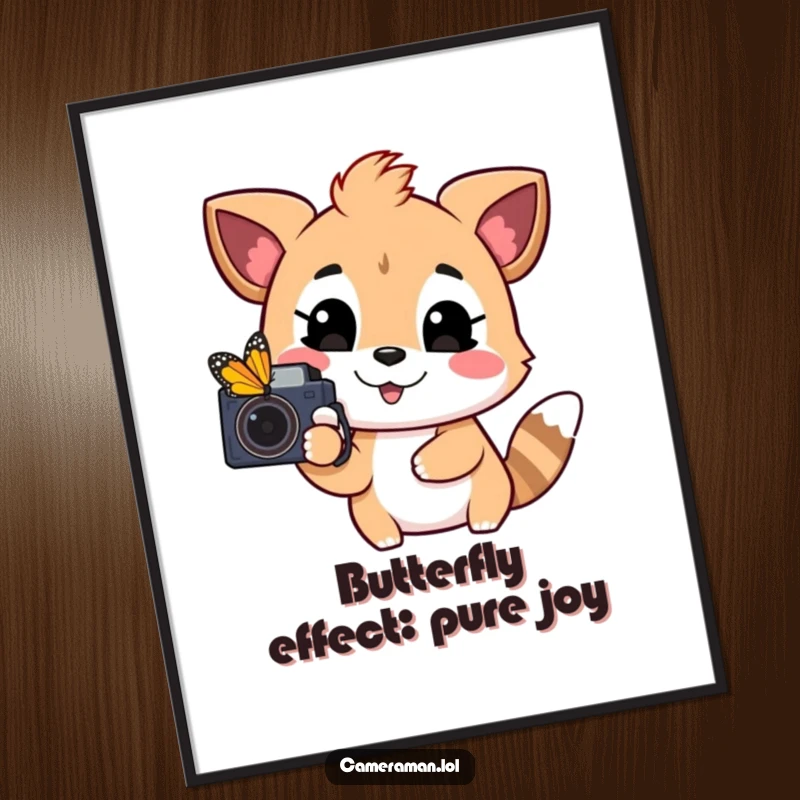 Funny Free Printable Wall Art: Playful animal joyfully aiming camera at a distant, vibrant butterfly, nature theme.