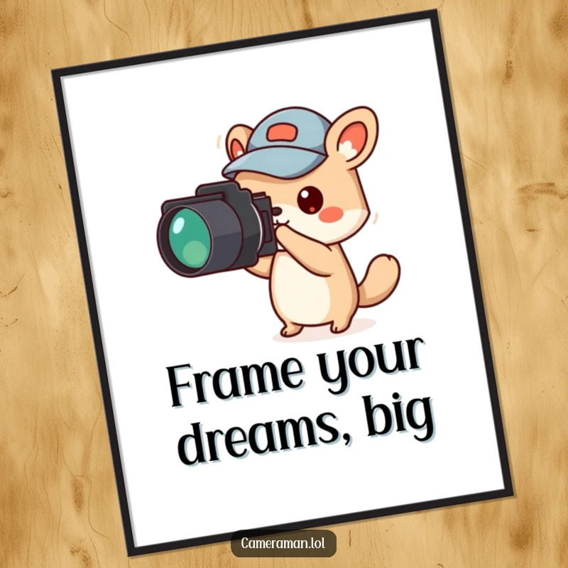 Funny Free Printable Wall Art: Small animal wearing a jaunty cap, pointing a camera directly towards the viewer, curious about what's next.