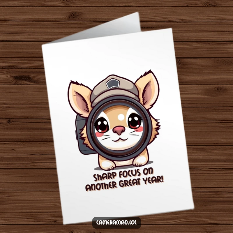 Funny Free Printable Birthday Card: Determined animal in peaked cap, intently peering through camera lens, celebrating.