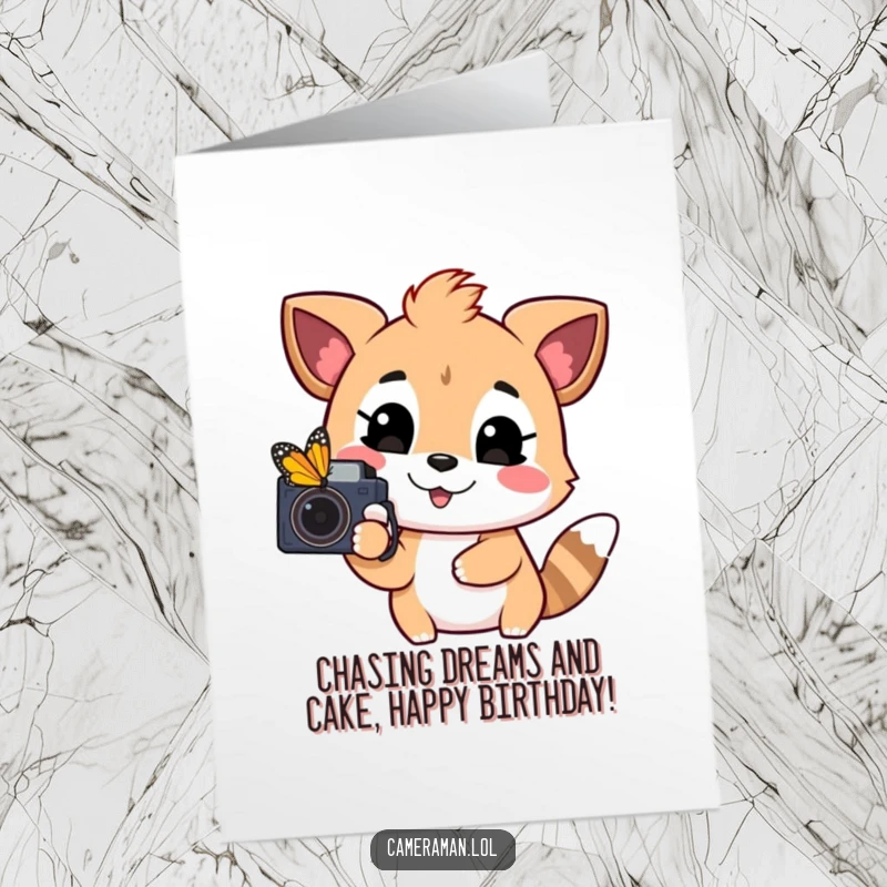 Funny Free Printable Birthday Card: Playful animal with happy expression, camera aimed at a distant butterfly, celebrating.