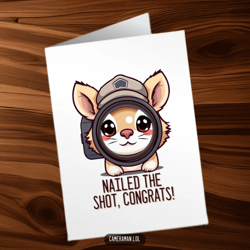 Funny Free Printable Congratulations Card: Animal photographer in cap, with intense focus through camera lens, achieving goals.
