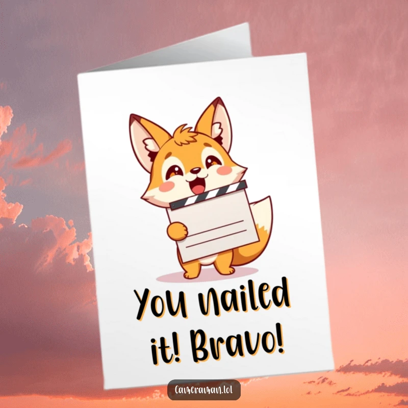 Funny Free Printable Congratulations Card: Excited fox sprite holding a movie clapperboard, announcing a huge success with glee.