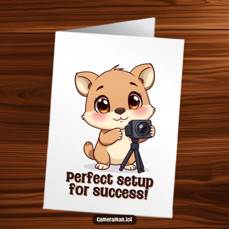 Funny Free Printable Congratulations Card: Animal with wide blinking eyes, enthusiastically adjusting a camera tripod, excited for success.