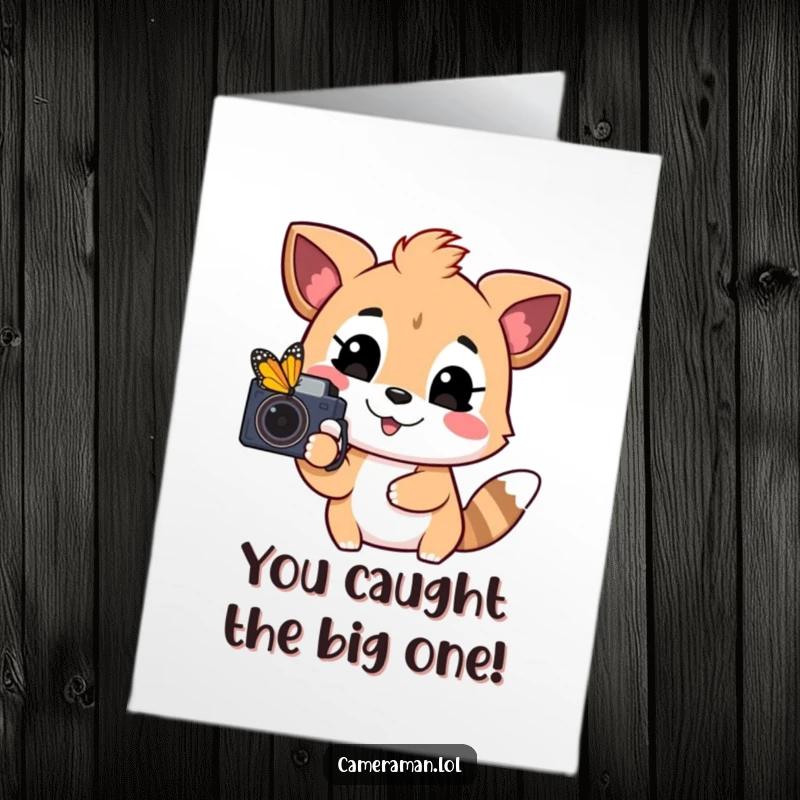 Funny Free Printable Congratulations Card: Happy animal with camera, aiming at a colorful butterfly in the distance, celebrating.