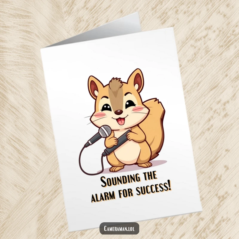 Funny Free Printable Congratulations Card: Cheerful squirrel holding a microphone boom, looking determined to announce exciting, congratulatory news.