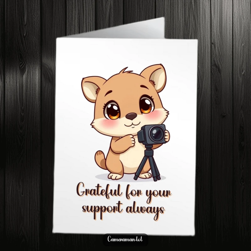 Funny Free Printable Thank You Card: Animal with large blinking eyes, excitedly adjusting camera tripod, showing thanks.