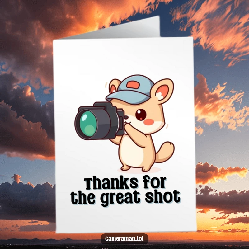 Funny Free Printable Thank You Card: Small animal in a jaunty cap, holding a camera and pointing it off-screen, expressing thanks.
