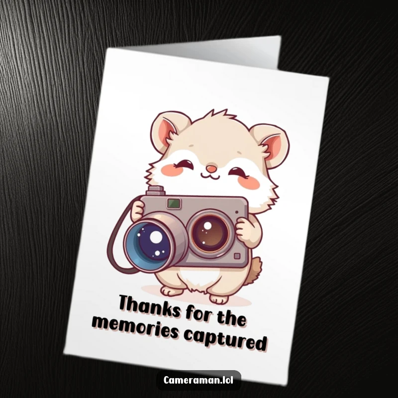 Funny Free Printable Thank You Card: Fluffy animal photographer holding vintage camera, conveying sincere thanks.