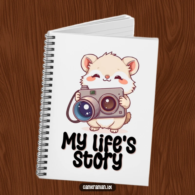 Funny notebook featuring a small, fluffy animal holding a large, vintage camera with a curious tilt, perfect for capturing ideas.