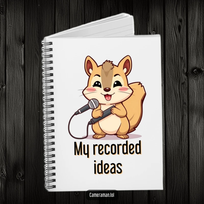 Funny, cheerful squirrel holding a microphone boom, perfect for noting audio ideas in a notebook.