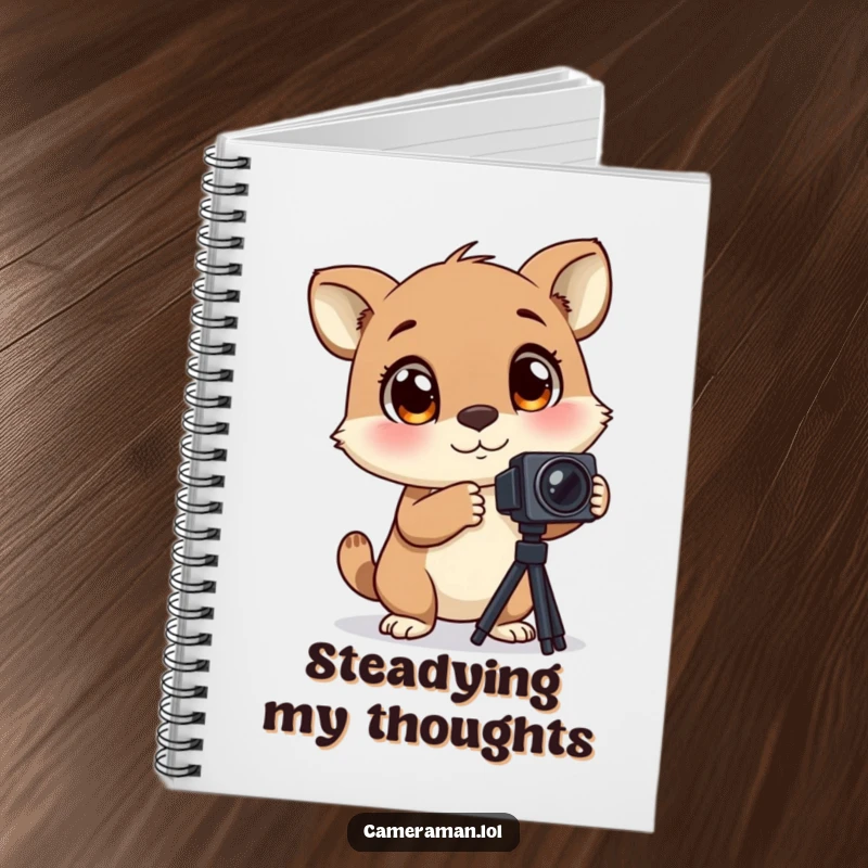 Funny notebook featuring an animal with large, blinking eyes, excitedly adjusting a camera tripod, perfect for capturing ideas.