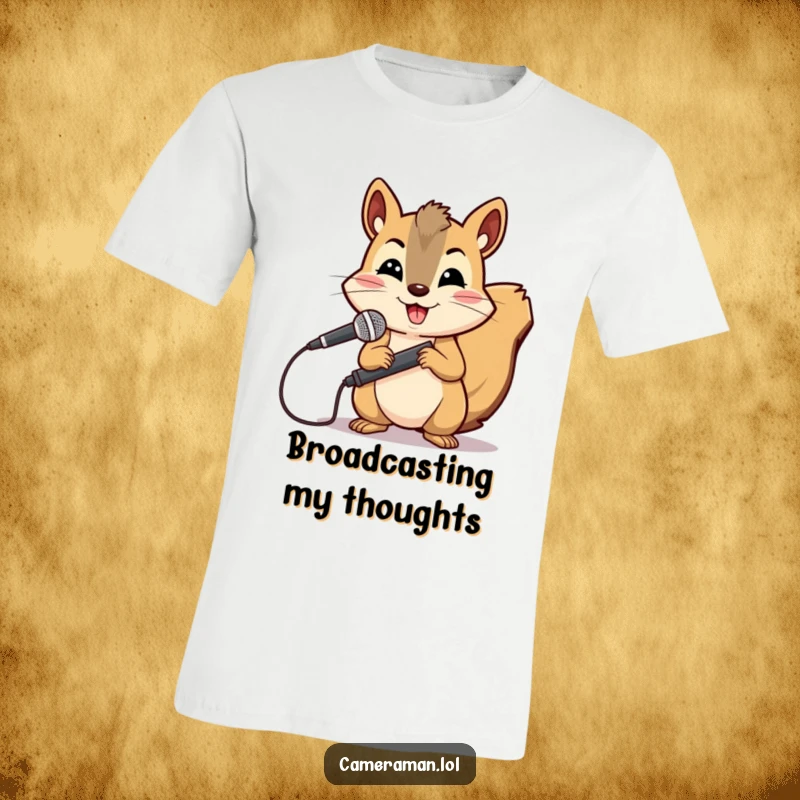 Funny, cheerful squirrel wearing a determined expression holds a microphone boom, featured on a t-shirt.