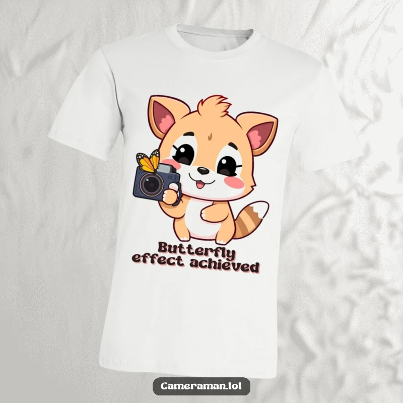 Funny t-shirt featuring a playful, happy animal pointing a camera towards a distant, colorful butterfly, celebrating nature's wonders.