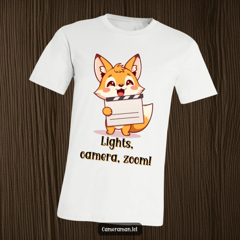 Funny, energetic fox sprite holding a large movie clapperboard, looking excited, great for a t-shirt.