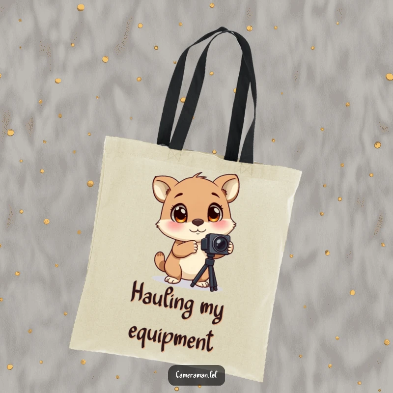 Funny tote bag showing an animal with large, blinking eyes, excitedly adjusting a camera tripod, perfect for carrying photo essentials.